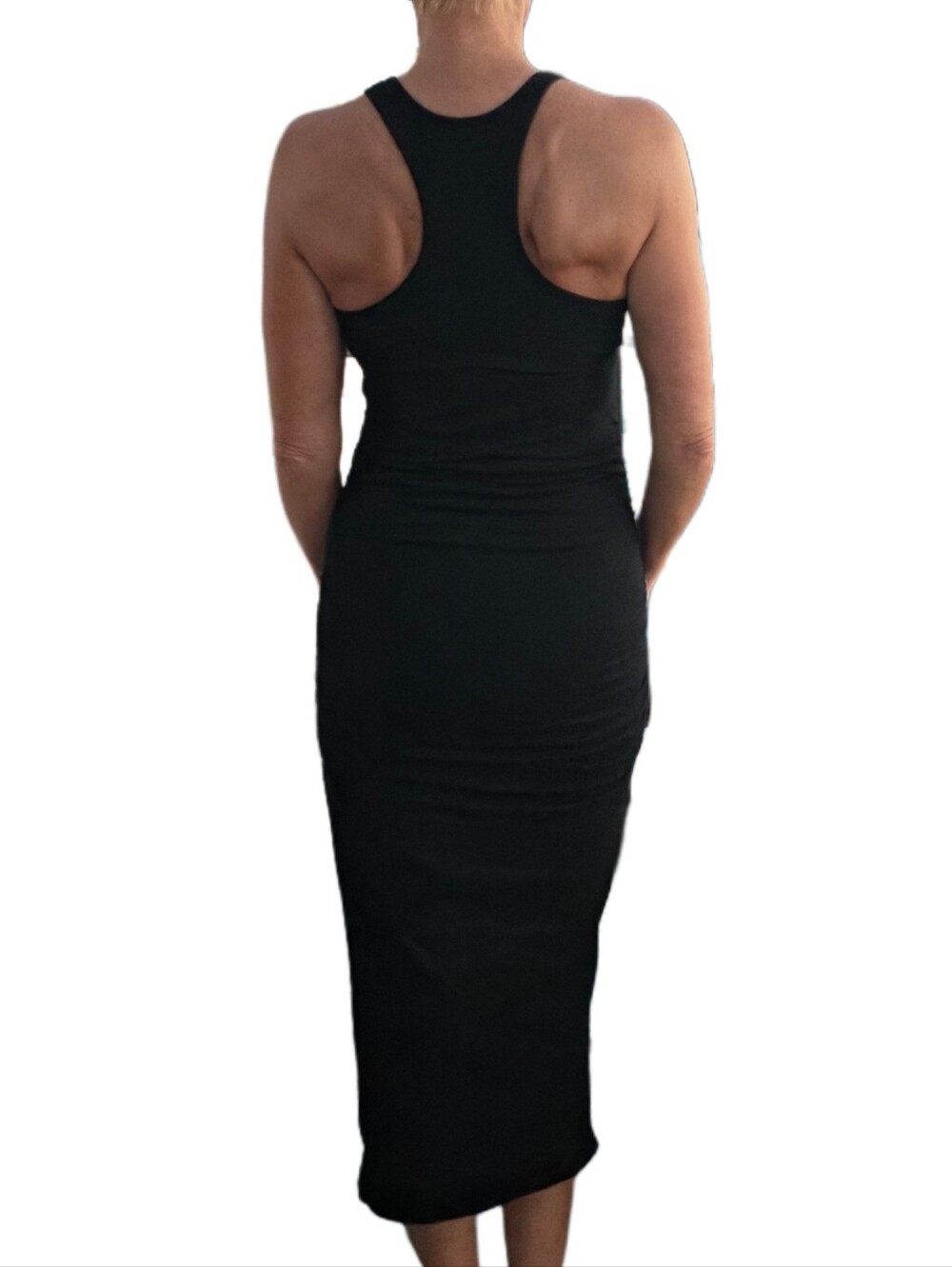 MICHAEL STARS Vivian Black Racerback Midi Dress With Side Ruching - Picture 13 of 13